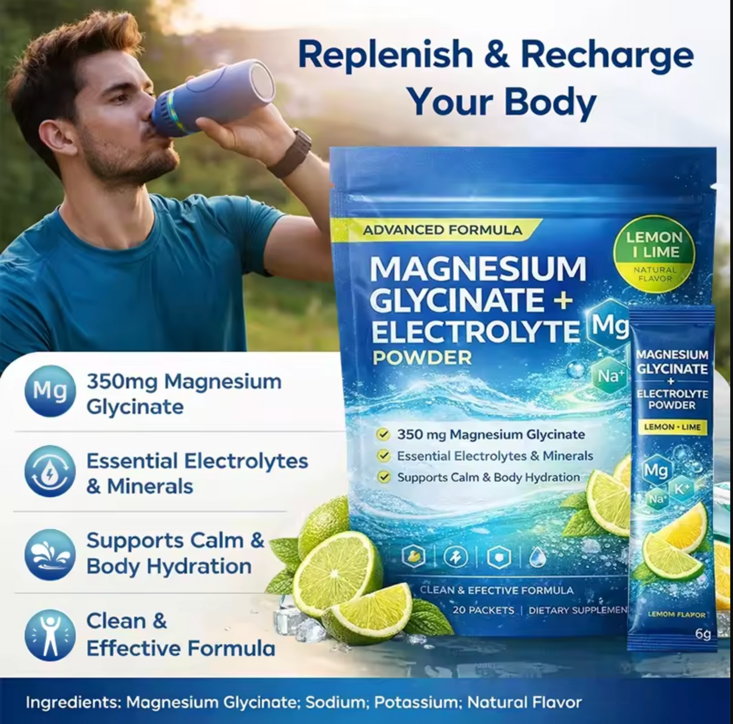 Magnesium Glycinate Electrolyte Powder – Lemon Lime Hydration Formula